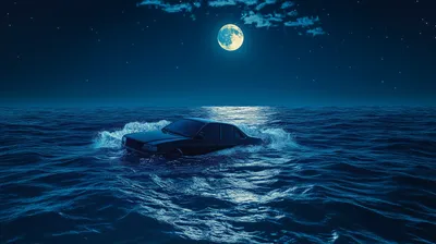 Serene Night Car Partially Submerged Space Wallpaper 4K 2912x1632 A, Serene, Night, Scene, Featuring, Car, Partially, Submerged, Ocean, Illuminated, Bright, Moon, Brown, Ultrawide, QHD