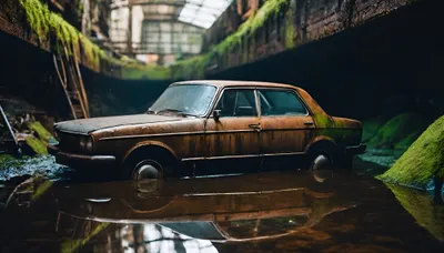 Sleek Rusted Wallpaper Cars Wallpaper 4K 4096x2340 A, Rusted, Old, Car, Partially, Submerged, In, Water, Inside, Abandoned, Overgrown, Building, White, Brown, Ultrawide, 4k