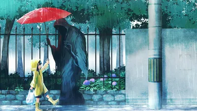 Anime Art Child Yellow Black/Dark Wallpaper 4K 1920x1080 Anime, Art, Features, A, Child, In, Yellow, Raincoat, Sharing, Red, Umbrella, Dark, Gray, White, Ultrawide, Full HD