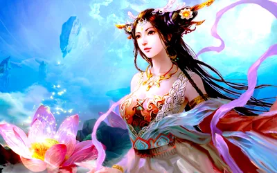 Radiant Fantasy Wallpaper Fantasy Wallpaper 4K 1920x1200 Hd, Pc, Desktop, Wallpaper, Featuring, A, Fantasy, Oriental, Woman, Adorned, Lotus, Motifs, White, Pink, Ultrawide, Full HD