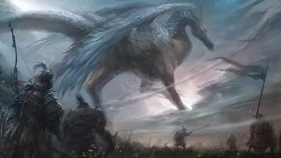 Sleek Dramatic Wallpaper Fantasy Wallpaper 4K 1920x1080 A, Dramatic, Fantasy, Scene, Depicting, Warrior, With, Massive, Winged, Creature, Looming, Overhead, Gray, Ultrawide, Full HD