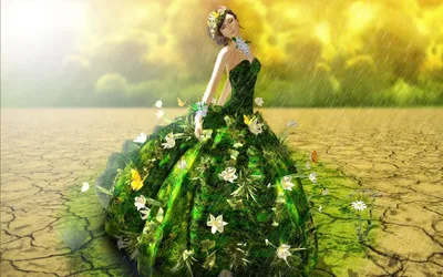 Misty Fantasy Wallpaper Nature Wallpaper 4K 3840x2400 A, Stunning, Fantasy, Image, Featuring, Woman, In, Lush, Green, Gown, Adorned, Flowers, Gray, White, Purple, Ultrawide, 4K