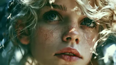 Close Portrait Freckled Young Abstract Wallpaper 4K 2944x1648 Close-up, Portrait, Of, A, Freckled, Young, Woman, With, Curly, Blonde, Hair, Soft, Gray, Ultrawide, QHD