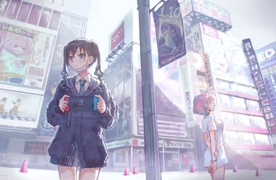 Vibrant Anime Wallpaper World Wallpaper 4K 3083x2015 Anime-style, Cityscape, With, Two, Characters, Holding, A, Nintendo, Switch, Vibrant, Billboards, Bright, White, Ultrawide, QHD