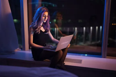 Woman Purple Hair World Wallpaper 4K 2000x1333 A, Woman, With, Purple, Hair, Sits, By, Window, Dimly, Lit, Room, Using, Gray, Ultrawide, Full HD