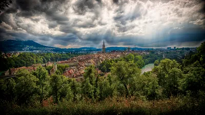 Dramatic Cloud Filled Sky Man World Wallpaper 4K 5200x2925 A, Dramatic, Cloud-filled, Sky, Over, The, Man-made, Cityscape, Bern, Switzerland, Captured, Vivid, White, Gray, Ultrawide, 4K