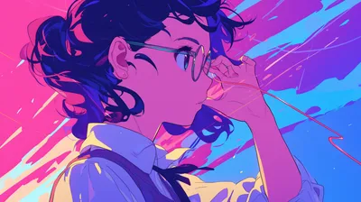 Preppy Anime Girl Glasses Abstract Wallpaper 4K 2912x1632 Preppy, Anime, Girl, With, Glasses, In, A, Vibrant, Desktop, Featuring, Dynamic, Pink, Gray, Ultrawide, QHD