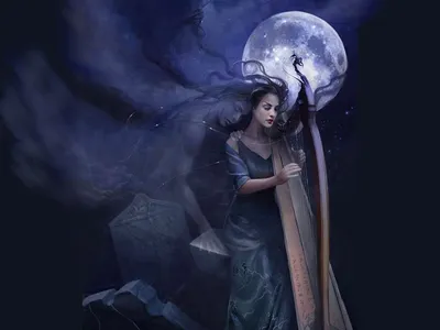 Dark Mystical Wallpaper Space Wallpaper 4K 1600x1200 A, Mystical, Woman, Plays, Harp, Under, Glowing, Full, Moon, Surrounded, Wisps, Smoke, Brown, Gray, Landscape
