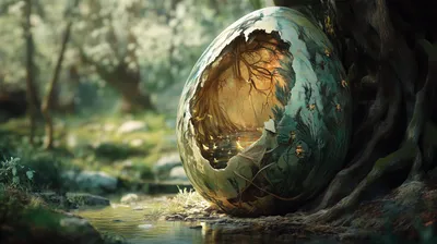 Fantasy Themed Depicting Large Cracked Fantasy Wallpaper 4K 2912x1632 A, Fantasy-themed, Hd, Desktop, Wallpaper, Depicting, Large, Cracked, Egg, Nestled, Serene, Stream, Gray, Ultrawide, QHD