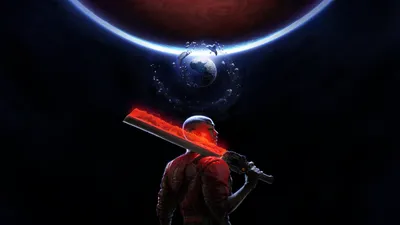 Serene Silhouetted Wallpaper Space Wallpaper 4K 3840x2160 Silhouetted, Heretic, Warrior, With, A, Glowing, Red, Blade, Faces, Ringed, Planet, Small, Black, Ultrawide, 4K