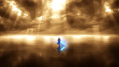 Vivid Fantasy Wallpaper Fantasy Wallpaper 4K 1920x1080 A, Fantasy, Warrior, Stands, Alone, Against, Dramatic, Glowing, Sky, Wielding, Blue, Energy, White, Orange, Ultrawide, Full HD