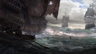 Fantasy Depicting Intense Ocean Fantasy Wallpaper 4K 1920x1080 A, Fantasy, Hd, Wallpaper:, Depicting, An, Intense, Ocean, Scene, Weathered, Ships, Sailing, White, Gray, Ultrawide, Full HD