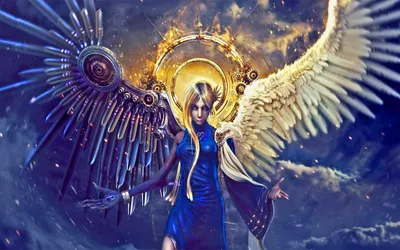 Steampunk Inspired Fantasy Angel Blonde Fantasy Wallpaper 4K 2560x1600 A, Steampunk-inspired, Fantasy, Angel, With, Blonde, Hair, Majestic, Wings, Luminous, Halo, Stands, Brown, Gray, Orange, Ultrawide, QHD