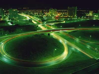 Nighttime Time Lapse Photography Black/Dark Wallpaper 4K 1600x1200 Nighttime, Time-lapse, Photography, Of, A, City, Highway, Interchange, Glowing, Road, Light, Trails, Gray, Orange, Landscape