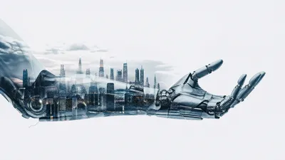Bold Cybernetic Wallpaper World Wallpaper 4K 3840x2160 Cybernetic, Arm, With, A, Translucent, Cityscape, Embedded, Along, Forearm, Sleek, Metallic, Hand, White, Ultrawide, 4K