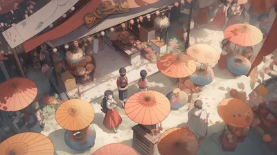Vibrant Anime Festival Colorful Abstract Wallpaper 4K 2912x1632 A, Vibrant, Anime, Festival, Scene, Featuring, Colorful, Umbrellas, Stalls, Set, Against, Charming, White, Ultrawide, QHD