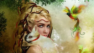 Bold Fantasy Wallpaper Fantasy Wallpaper 4K 1920x1080 A, Fantasy-themed, Hd, Wallpaper:, Featuring, Woman, With, Flowing, Hair, Holding, White, Rabbit, Gray, Ultrawide, Full HD
