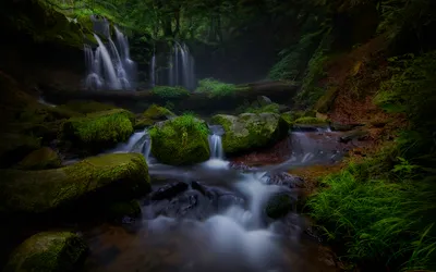 Waterfall Dark Forest Nature Wallpaper 4K 1680x1050 Waterfall, In, Dark, Forest, Gray, Ultrawide