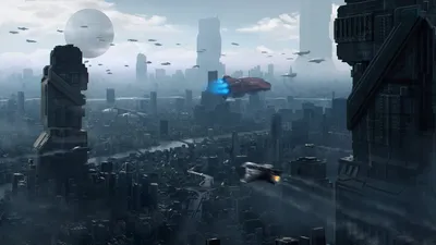 Futuristic Sci Cityscape Towering World Wallpaper 4K 1920x1080 Futuristic, Sci-fi, Cityscape, With, Towering, Skyscrapers, Flying, Vehicles, Giant, Moon, Rendered, Desktop, Gray, Ultrawide, Full HD
