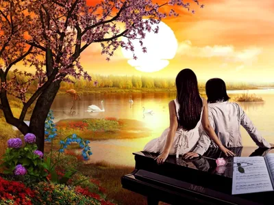 Artistic Depicting Romantic Sunset Couple Nature Wallpaper 4K 2560x1920 An, Artistic, Hd, Wallpaper:, Depicting, A, Romantic, Sunset, Scene, Couple, Sitting, Flower-adorned, White, Pink, Landscape, QHD