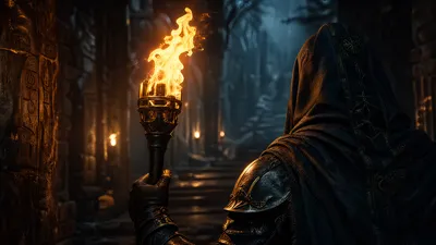 Misty Hooded Wallpaper Black/Dark Wallpaper 4K 3840x2160 Hooded, Figure, Holds, A, Blazing, Torch, Down, Dark, Misty, Forest, Corridor, Ultra, Brown, White, Ultrawide, 4K
