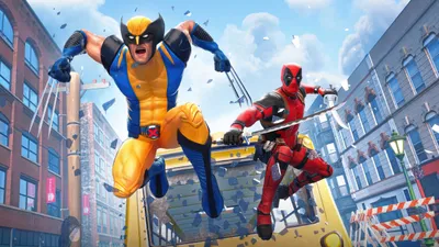 Fortnite Characters Wolverine Deadpool World Wallpaper 4K 5120x2880 Fortnite, Characters, Wolverine, And, Deadpool, Leap, Through, A, Vibrant, City, Street, Dynamic, White, Ultrawide, 4K