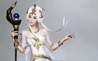 Captivating White Sorceress Flowing Fantasy Wallpaper 4K 1920x1200 A, Captivating, White, Sorceress, In, Flowing, Gown, Adorned, Intricate, Jewelry, Holding, Staff, Gray, Ultrawide, Full HD