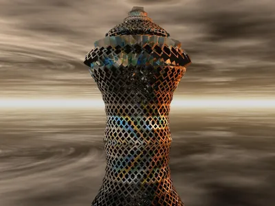 Dreamy Cgi Wallpaper Nature Wallpaper 4K 1600x1200 Cgi, 3d, Abstract, Sculpture, With, A, Lattice, Pattern, Set, Against, Cloudy, Golden-hued, Gray, Landscape
