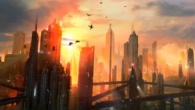 Misty Vibrant Wallpaper World Wallpaper 4K 1920x1080 A, Vibrant, Sci, Fi, Cityscape, With, Towering, Skyscrapers, Flying, Birds, Sunset, Captured, White, Orange, Purple, Ultrawide, Full HD