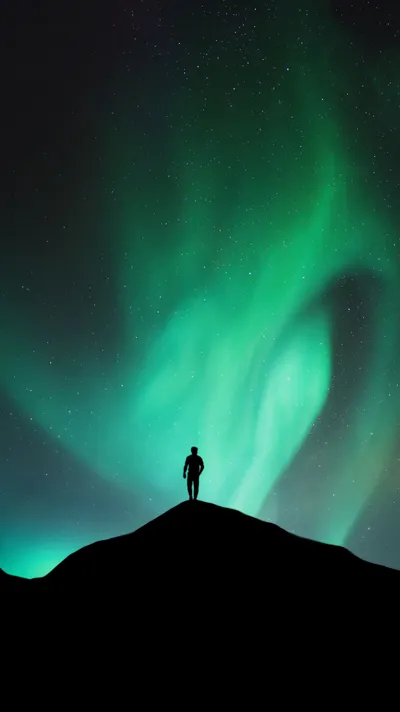 Aurora Borealis Silhouette Man Space Wallpaper 4K 3510x6240 Purple, Brown