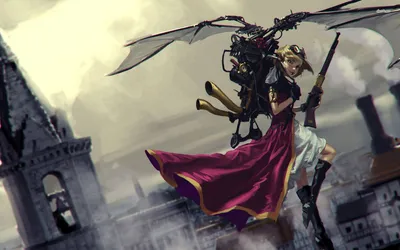 Steampunk Inspired Sci Character World Wallpaper 4K 1920x1200 A, Striking, Steampunk-inspired, Sci-fi, Scene, Featuring, Character, Mechanical, Wings, Rifle, Set, Against, White, Gray, Ultrawide, Full HD
