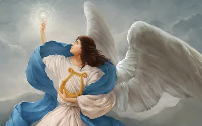 Golden Serene Wallpaper Fantasy Wallpaper 4K 1920x1200 A, Serene, Angel, With, Large, Wings, Holds, Harp, Reaching, Towards, Glowing, Orb, Gray, Ultrawide, Full HD