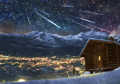 Anime Depicting Starlit Nature Wallpaper 4K 1920x1357 Hd, Anime-style, Wallpaper, Depicting, A, Starlit, Night, With, Meteor, Shower, Above, Snowy, Brown, Gray, Landscape, Full HD