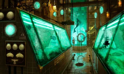 Fantastical Laboratory Filled Animals Wallpaper 4K 2200x1310 A, Fantastical, Laboratory, Filled, With, Illuminated, Fish, Tanks, Showcasing, Mysterious, Aquatic, Creatures, Orange, Brown, Ultrawide, Full HD
