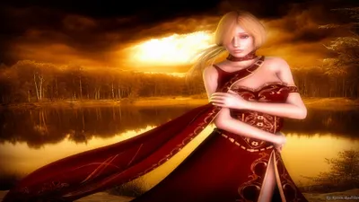 Fantasy Themed Woman Nature Wallpaper 4K 3840x2160 A, Fantasy-themed, Image, Featuring, Woman, In, Flowing, Red, Gown, Standing, Serene, Lake, White, Brown, Ultrawide, 4K