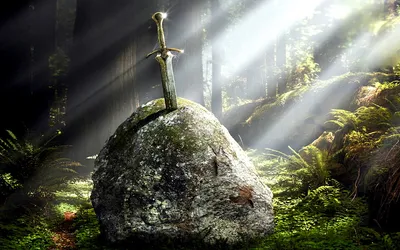 Serene Fantasy Wallpaper Fantasy Wallpaper 4K 1920x1200 A, Fantasy-themed, Hd, Wallpaper, Featuring, Glowing, Sword, Embedded, Moss-covered, Rock, Surrounded, Lush, White, Ultrawide, Full HD