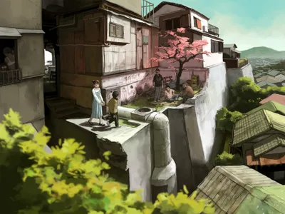 Original Anime City Sunlit World Wallpaper 4K 2000x1500 Original, Anime, City, Hd, Pc, Desktop, Wallpaper, Sunlit, Hillside, Neighborhood, Sakura, Tree, Gray, White, Landscape, Full HD