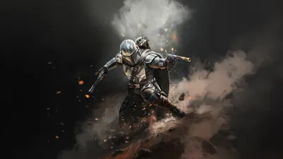 Mandalorian Beskar Armor Abstract Wallpaper 4K 3840x2160 The, Mandalorian, In, Beskar, Armor, Emerges, Through, Smoke, Sparks, Grogu, His, Side, Gray, Ultrawide, 4K