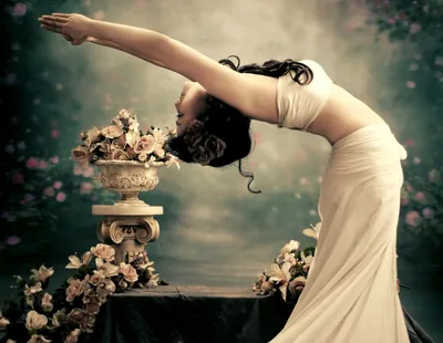 Graceful Woman Bends Nature Wallpaper 4K 2586x2005 A, Graceful, Woman, Bends, Elegantly, Over, Flower-adorned, Pedestal, Capturing, Serene, Mood, Desktop, Gray, Square, QHD