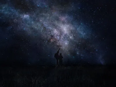 Vivid Anime Wallpaper Space Wallpaper 4K 3000x2271 Hd, Anime-style, Original, Desktop, Wallpaper, Showing, Two, Silhouetted, Figures, Pointing, Vast, Star-filled, Gray, Landscape, QHD