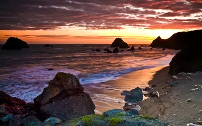 Bold Hdr Wallpaper Nature Wallpaper 4K 2560x1600 A, Stunning, Hdr, Sunset, Illuminates, Tranquil, Coastline, Waves, Gently, Caressing, Sandy, Beach, Purple, White, Orange, Ultrawide, QHD