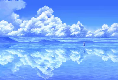 Anime Character Walking Mirror Like Nature Wallpaper 4K 1389x946 Anime-style, Character, Walking, On, A, Mirror-like, Water, Surface, Vivid, Blue, Sky, Fluffy, Pink, Gray, Landscape