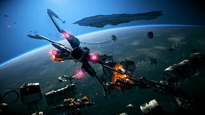 Dark Wing Wallpaper Space Wallpaper 4K 2560x1440 X-wing, Flying, Amid, Explosions, And, Wreckage, Above, A, Planet, Capital, Ships, Distance, Gray, Pink, Ultrawide, QHD