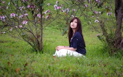 Woman Asian Descent Nature Wallpaper 4K 2560x1600 A, Woman, Of, Asian, Descent, Sits, In, Lush, Green, Field, Beside, Blooming, White, Gray, Ultrawide, QHD