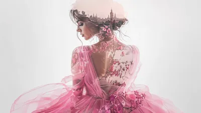 Golden Double Wallpaper World Wallpaper 4K 3840x2160 Double-exposure, Portrait, Of, A, Woman, In, Flowing, Pink, Dress, Cherry-blossom, Details, Faint, White, Ultrawide, 4K