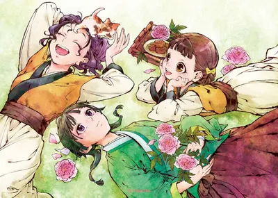 Moody Three Wallpaper Nature Wallpaper 4K 3030x2160 Three, Joyful, Characters, From, The, Apothecary, Diaries, Lying, Amidst, Flowers, Colorful, Anime, White, Landscape, QHD