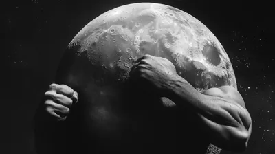 Vivid Powerful Wallpaper Space Wallpaper 4K 2912x1632 A, Powerful, Depiction, Of, Muscular, Arms, Breaking, Through, Moon, Set, Against, Dramatic, White, Gray, Ultrawide, QHD