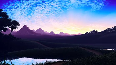 Pixel Art Serene Landscape Nature Wallpaper 4K 1920x1079 Hd, Pixel, Art, Wallpaper, Featuring, A, Serene, Landscape, Mountains, River, Vibrant, Sky, Black, Ultrawide, Full HD
