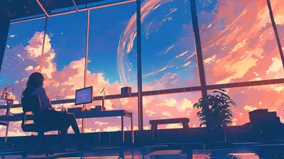 Golden Girl Wallpaper Nature Wallpaper 4K 2200x1233 A, Girl, Sits, In, Chair, By, Window, Gazing, Vibrant, Sky, Filled, Clouds, Red, Ultrawide, Full HD