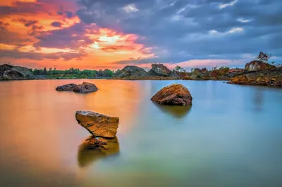 Serene Lake Rocks Foreground Nature Wallpaper 4K 2048x1365 Hd, Pc, Desktop, Wallpaper, Featuring, A, Serene, Lake, Rocks, Foreground, Vibrant, Sunset, Pink, Gray, Ultrawide, Full HD